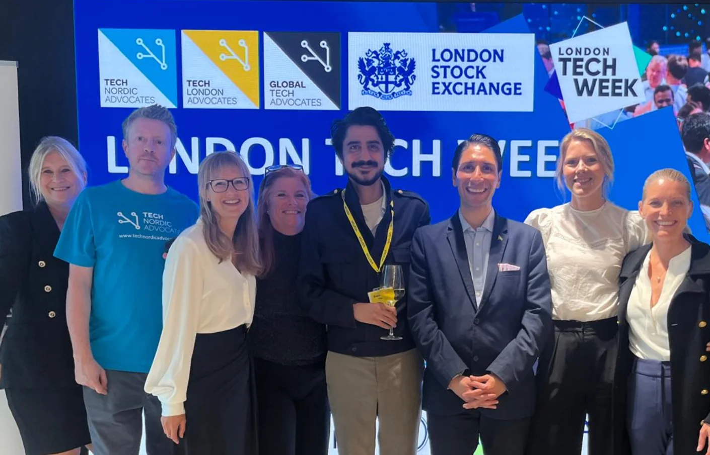 Monok founder Adam Sam with fellow participants and Tech Nordic Advocates representatives at the London Stock Exchange during London Tech Week.