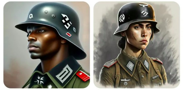 Two Gemini-generated depictions of German soldiers from 1943, reproduced in the original article's discussion of historical inaccuracies.