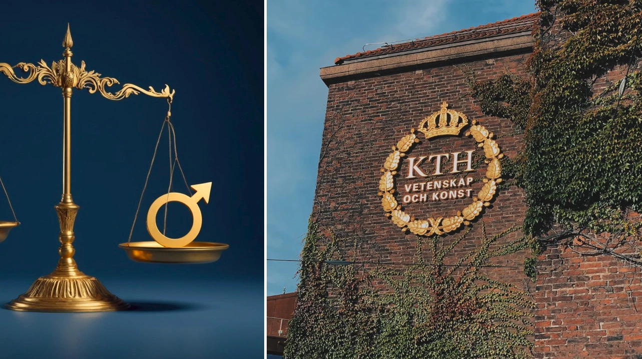 A balance scale with a male symbol beside the emblem of KTH Royal Institute of Technology.